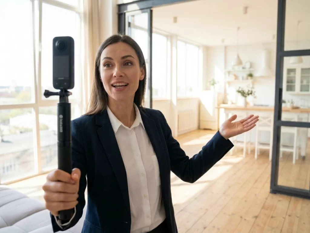 Agente inmobiliaria grabando un tour virtual 360 de un departamento en Buenos Aires